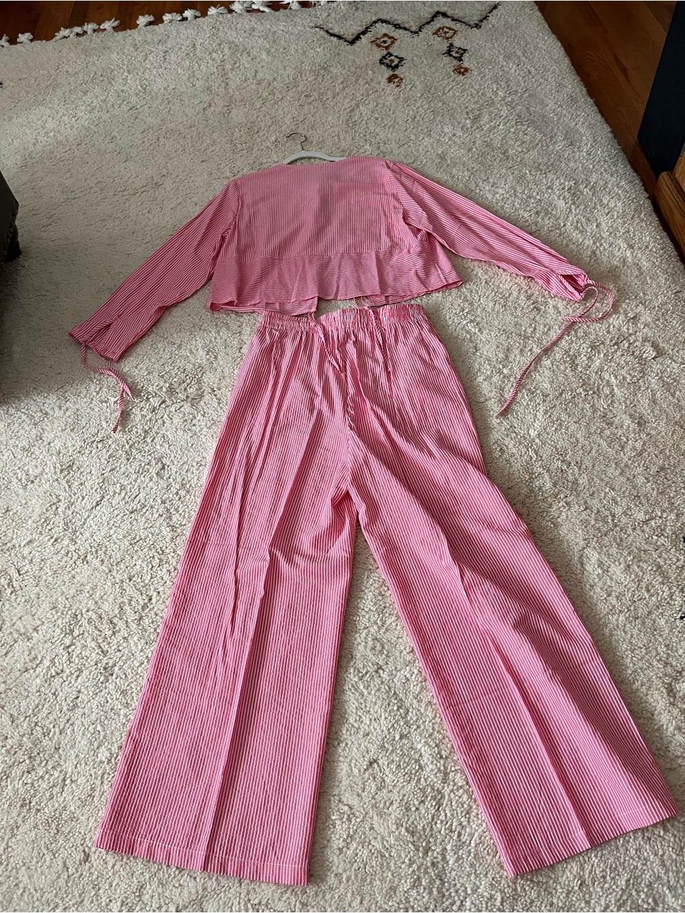 Pink Striped Two-Piece Seersucker Pant and Jacket Set Sz L- Women